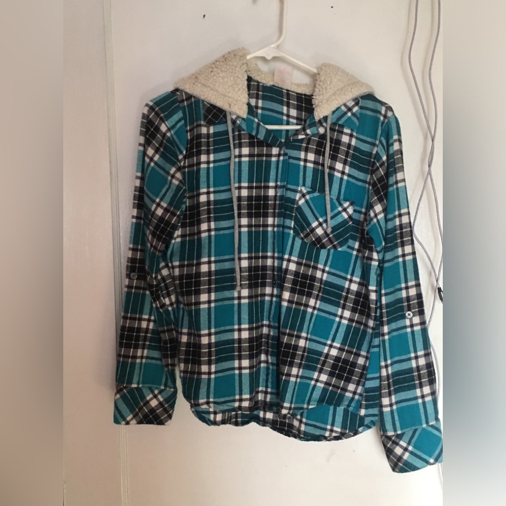 Lightweight blue flannel with fur hood